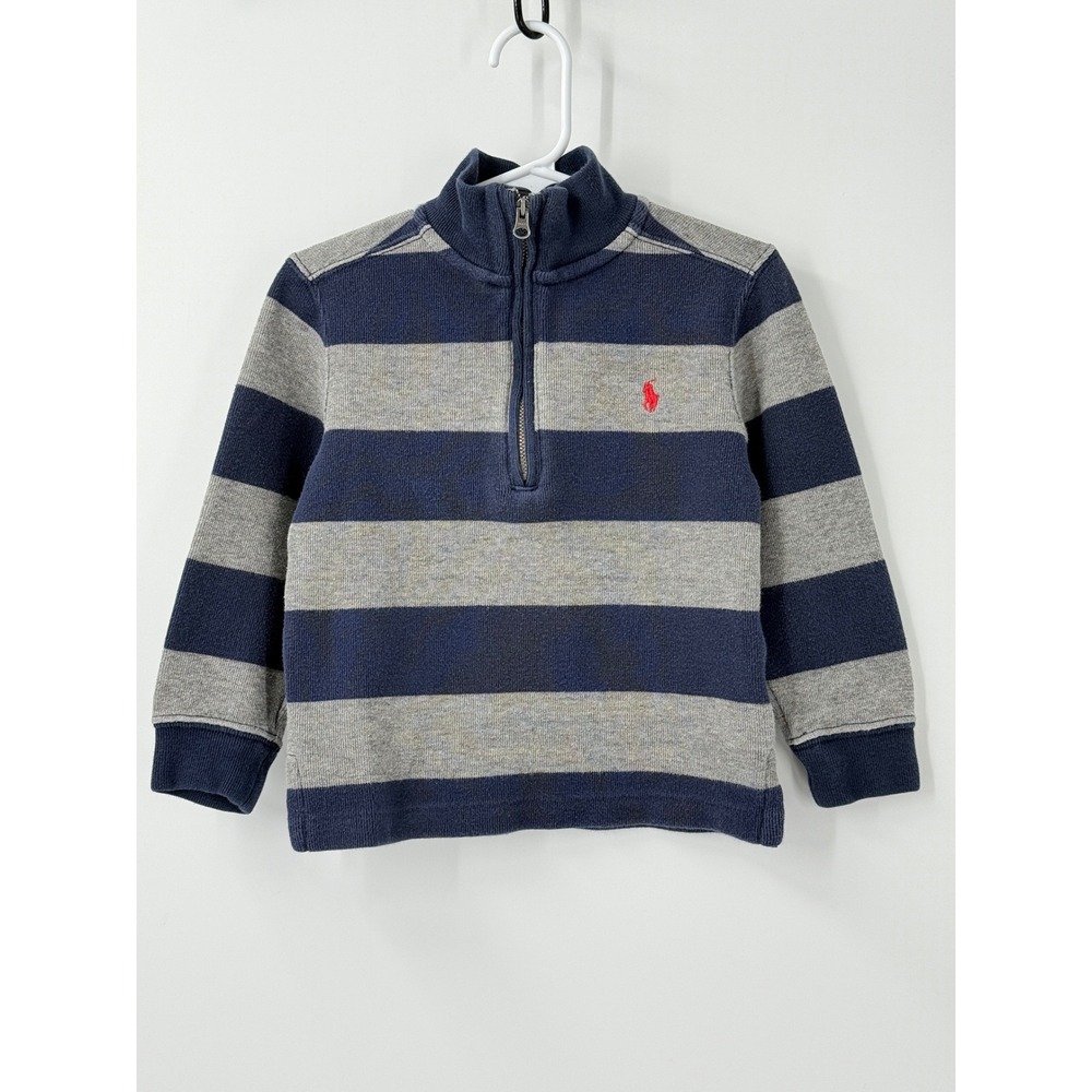 Polo Ralph Lauren Quarter Zip Pullover Boys Sz 4T Navy Gray Striped Preppy